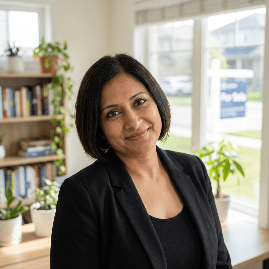 Priya Patel smiling in her kitchen