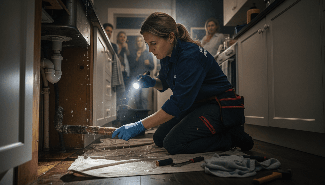 Plumber repairing a burst pipe under a sink