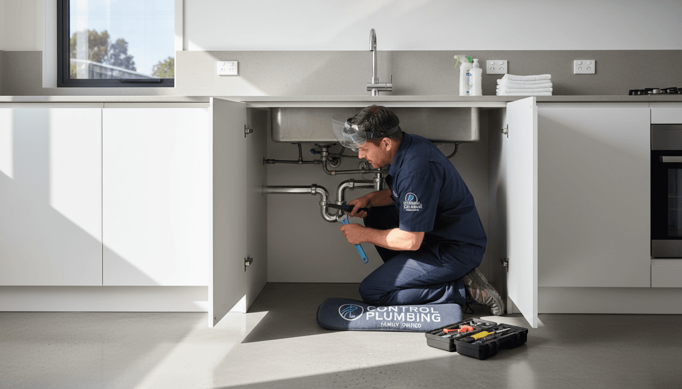 Plumber fixing a pipe under a kitchen sink in a modern Melbourne home.