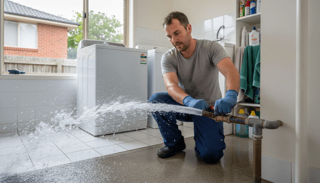 Plumber shutting off a burst pipe valve in a home