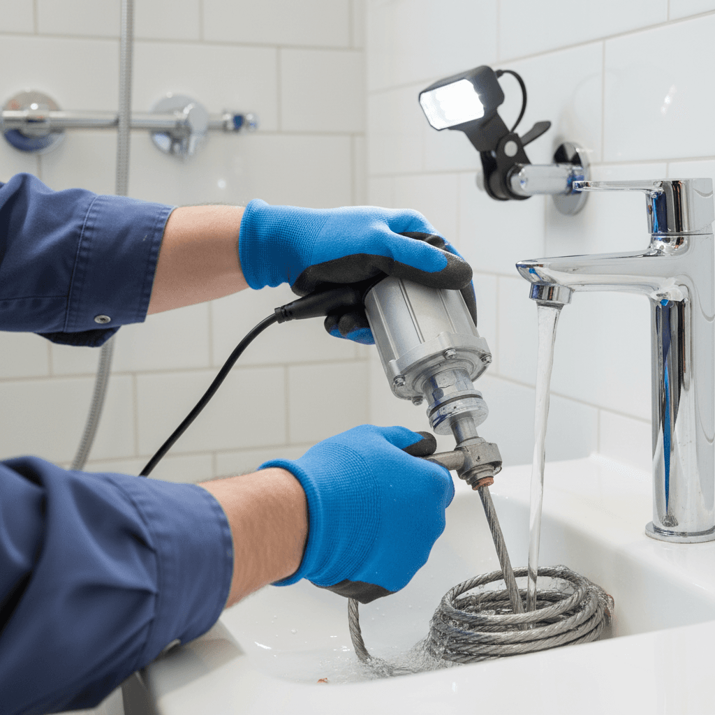 Plumber operating a drain cleaning machine