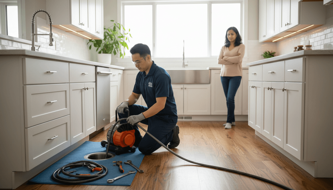 Plumber using a drain cleaning machine in a Melbourne home