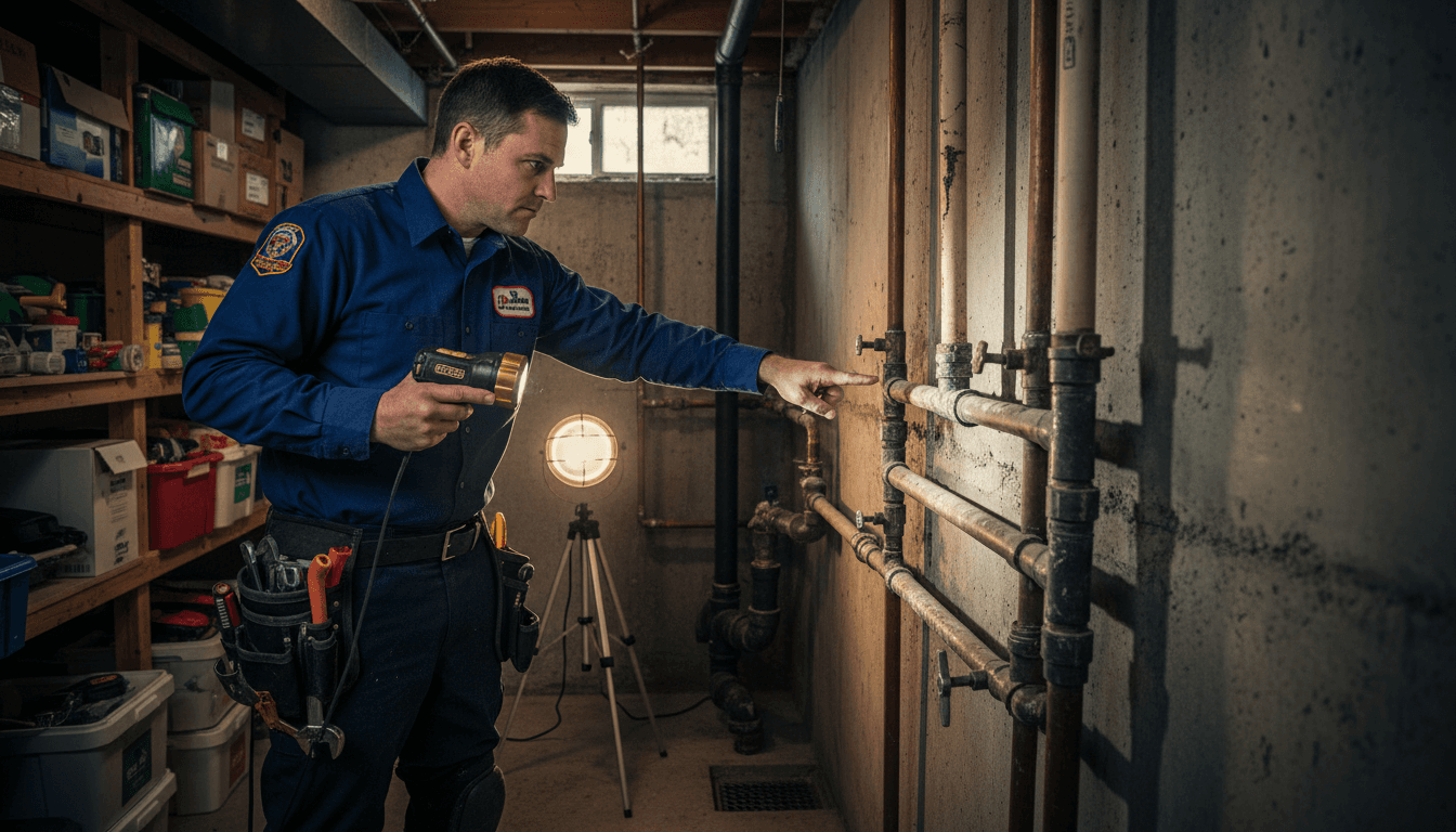 Plumber checking pipes in a tight space