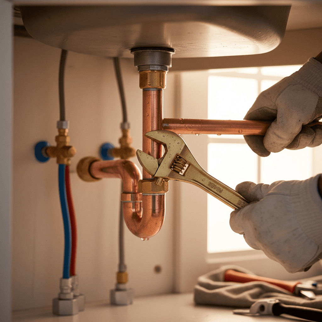 Plumber repairing burst copper pipe under kitchen sink with wrench