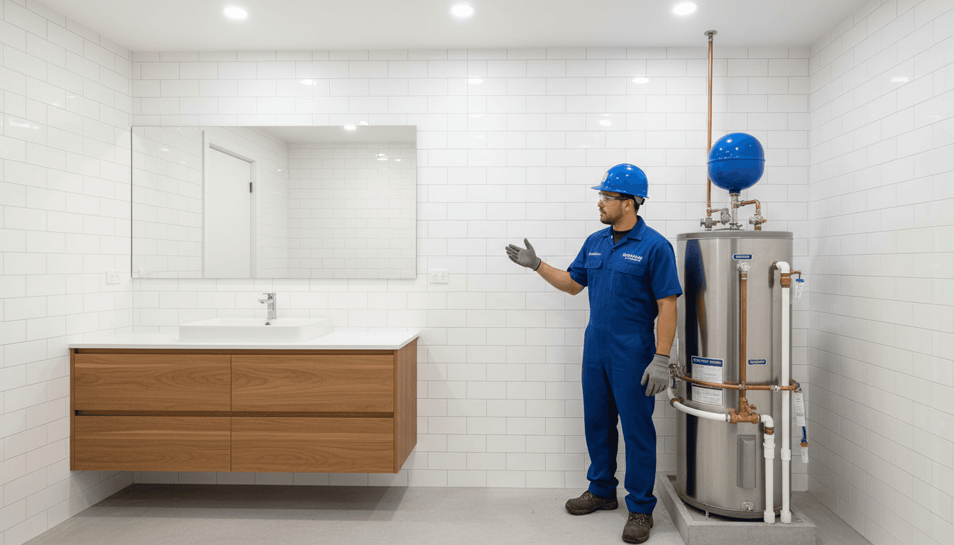 Plumber inspecting modern hot water heater unit in utility room