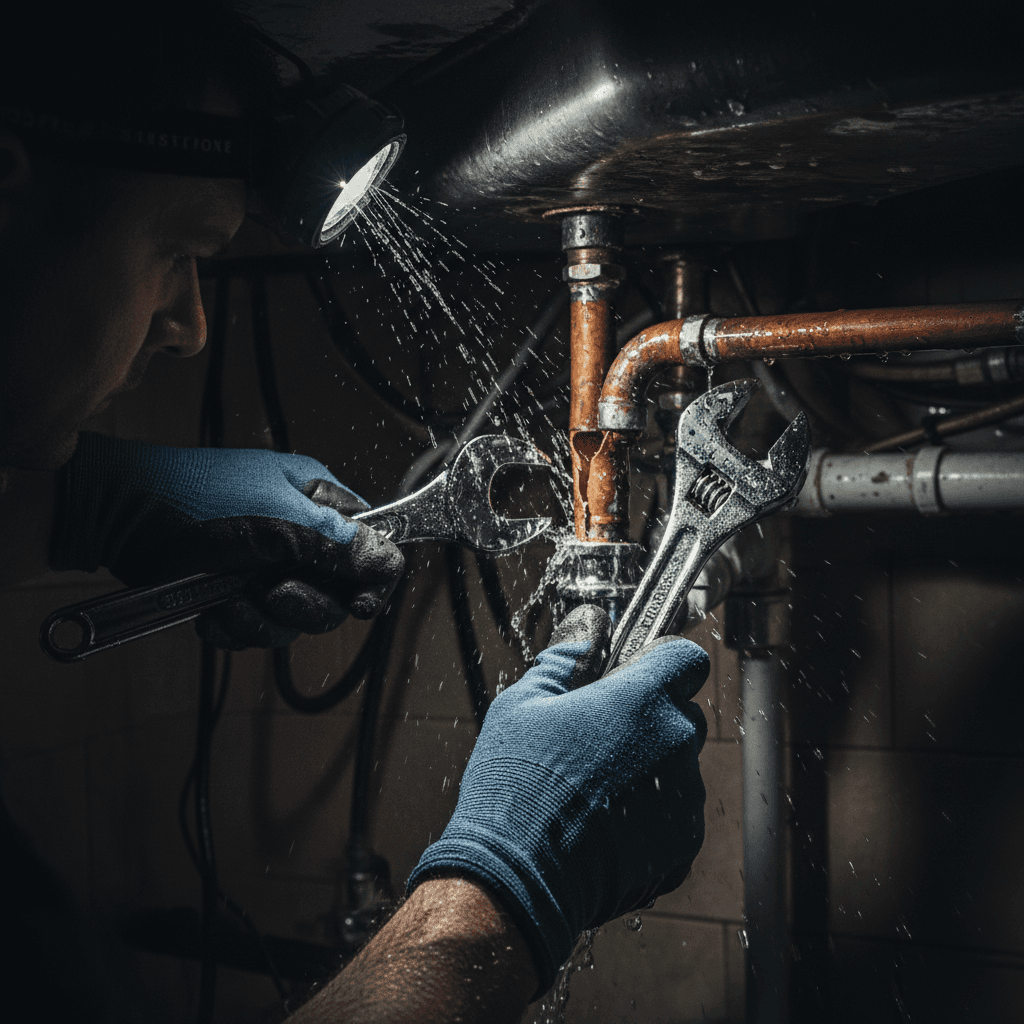Plumber fixing a burst pipe under a kitchen sink