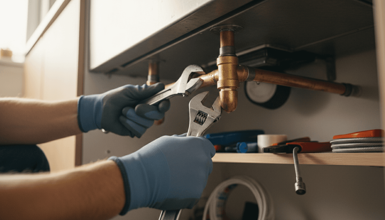 Plumber repairing pipes under a kitchen sink
