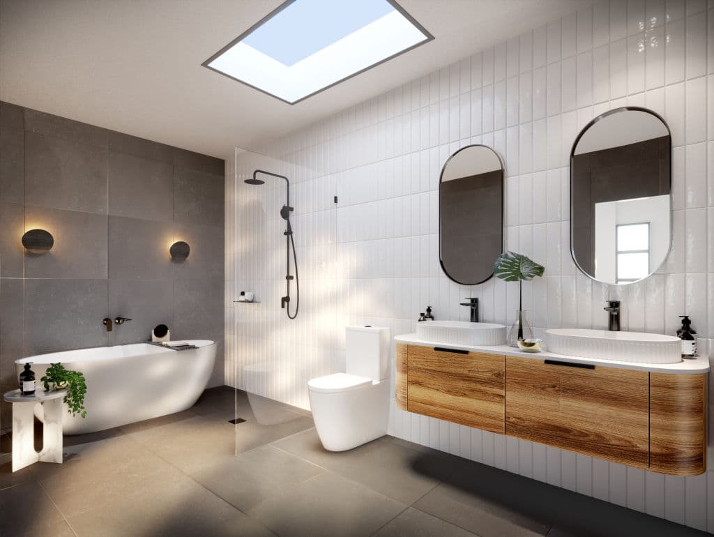 Modern bathroom featuring a freestanding tub, glass shower, and wooden double vanity under a bright skylight.