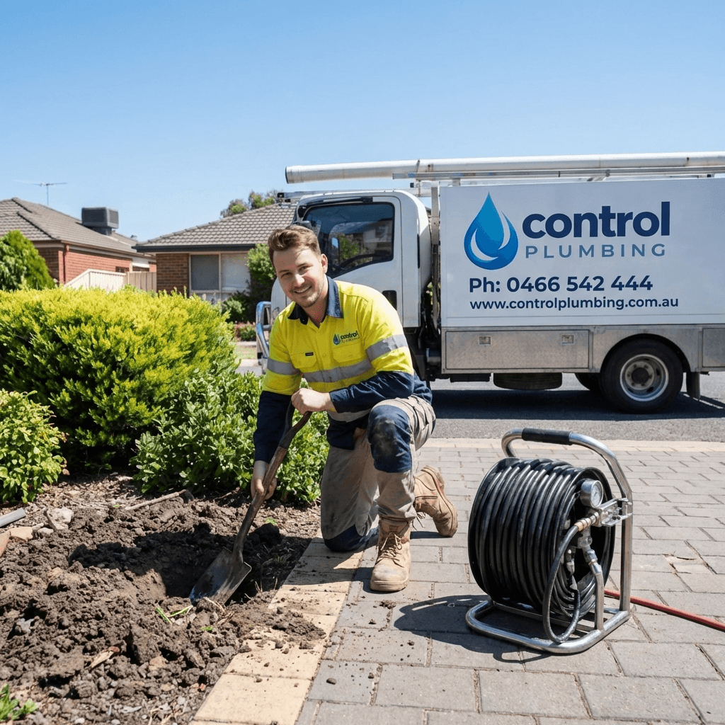 Smiling plumber digging a hole beside a Control Plumbing truck and drain cleaning equipment.